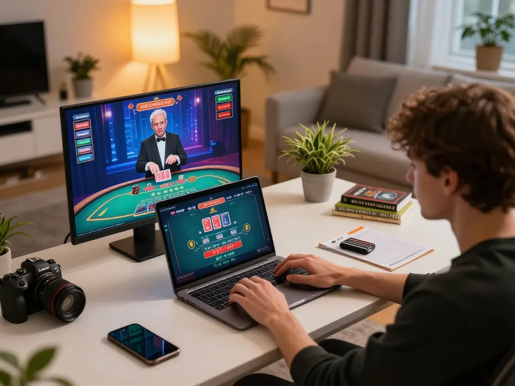 Engaging in MB66 online blackjack strategy with laptop and live dealer interface in modern living room