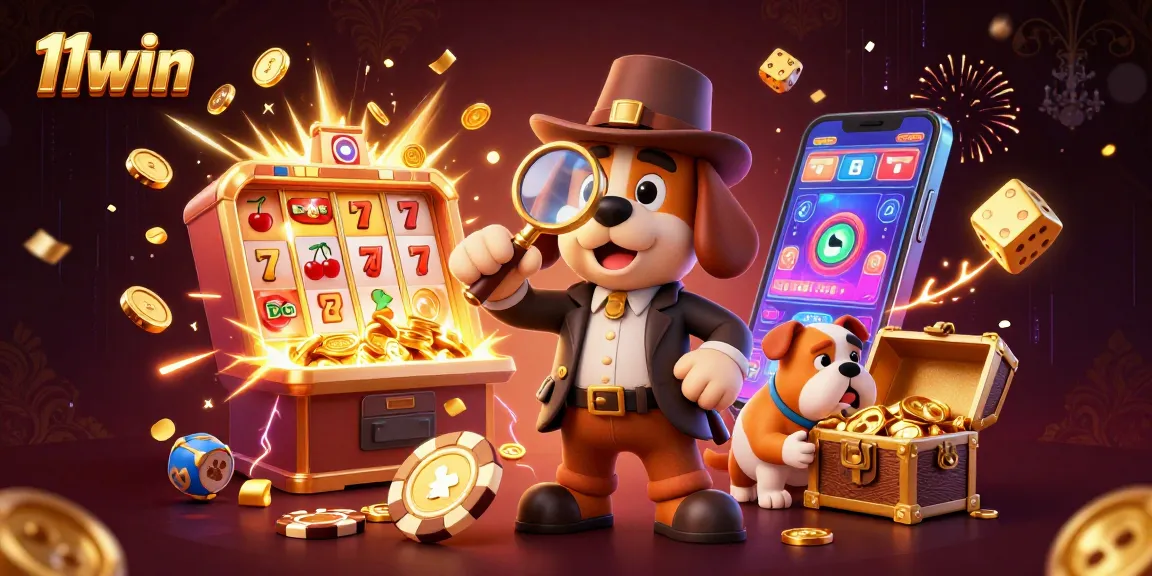 Engage with 11win's vibrant casino scene featuring a cartoon detective uncovering poker chip clues.