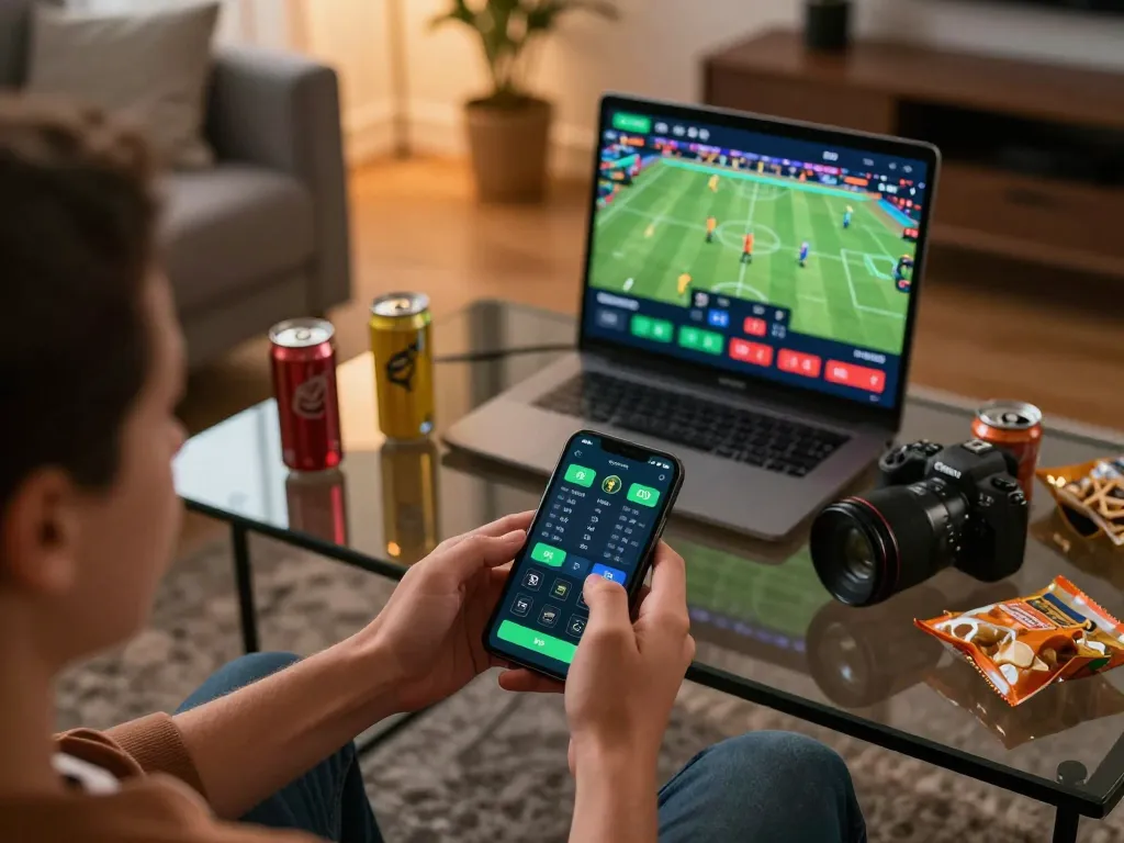 Puntare scommesse su siti non AAMS sicuri tramite smartphone durante eventi sportivi dal vivo in un ambiente accogliente a casa.
