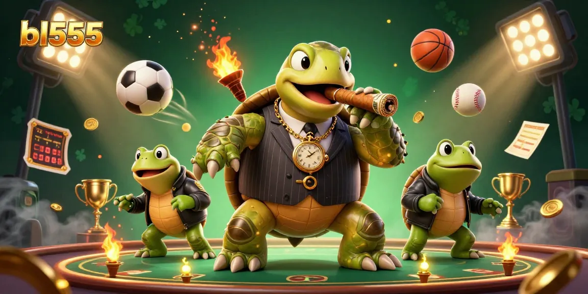 bl555 offers an exciting casino scene featuring a turtle in a pinstripe suit winning big with sports elements.
