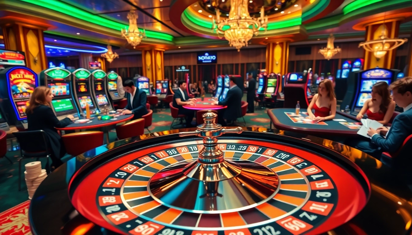Engaging scene of a luxurious casino showcasing NOHU90 with players at roulette and poker tables.