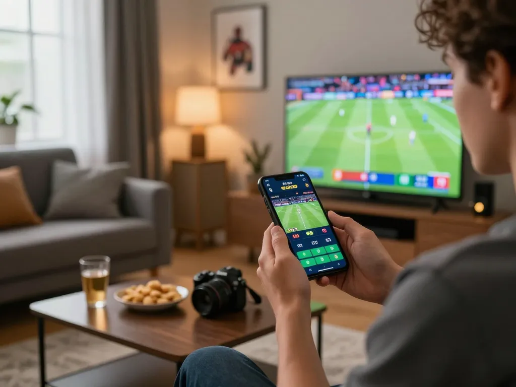 Engaging scene of lode88vi sports betting on smartphone with lively game atmosphere.