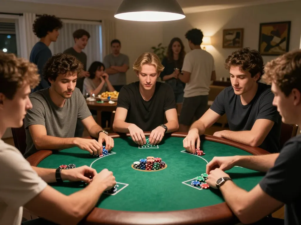 Exciting home poker night with players strategizing, showcasing fly88 com gaming excitement.