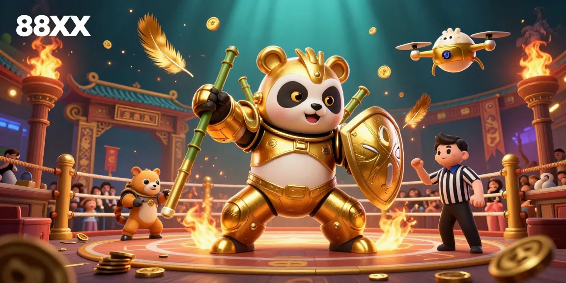 Experience the thrilling gameplay at 88XX as a golden panda battles in a vibrant casino arena.