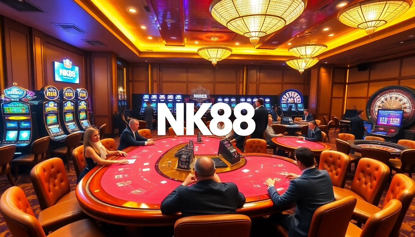 NK88 Casino scene with vibrant gaming tables, slot machines, and a thrilling atmosphere for gamblers.