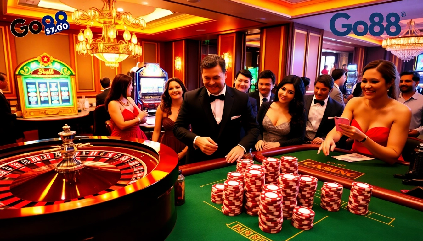 Exciting gambling scene at https://go88app.cn.com/ with players at a roulette table and vibrant slot machines.