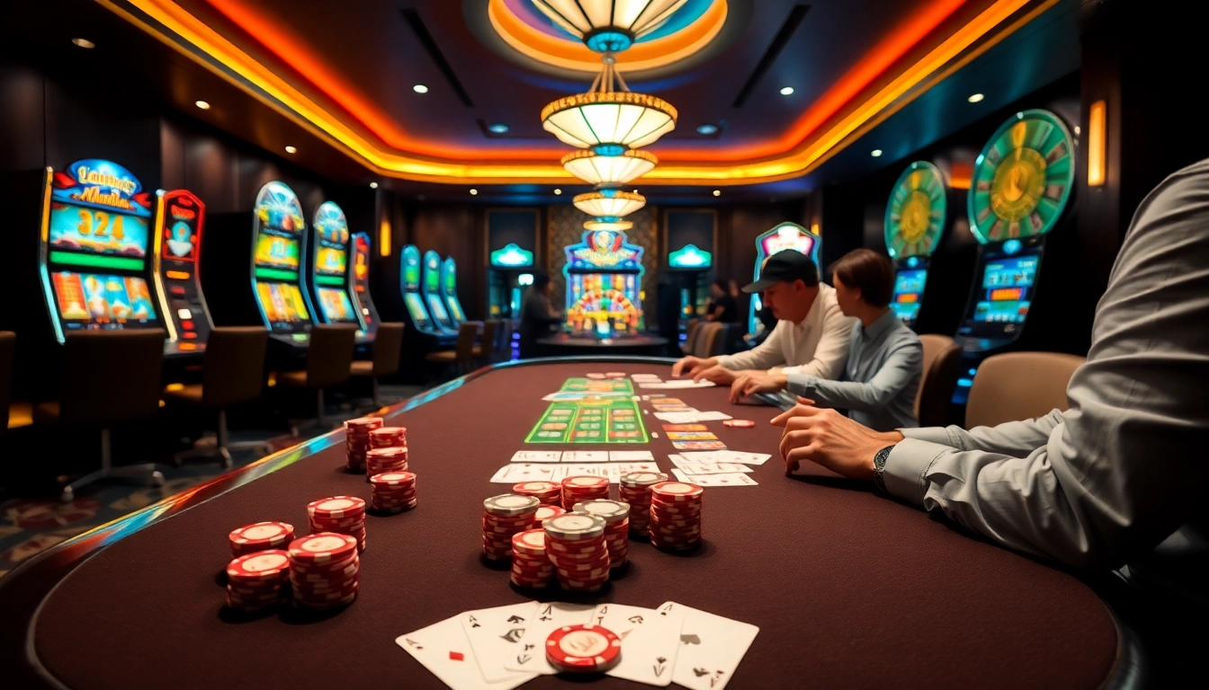 Experience high stakes gambling action at https://123win.to/ with vibrant casino games and players enjoying a luxury atmosphere.