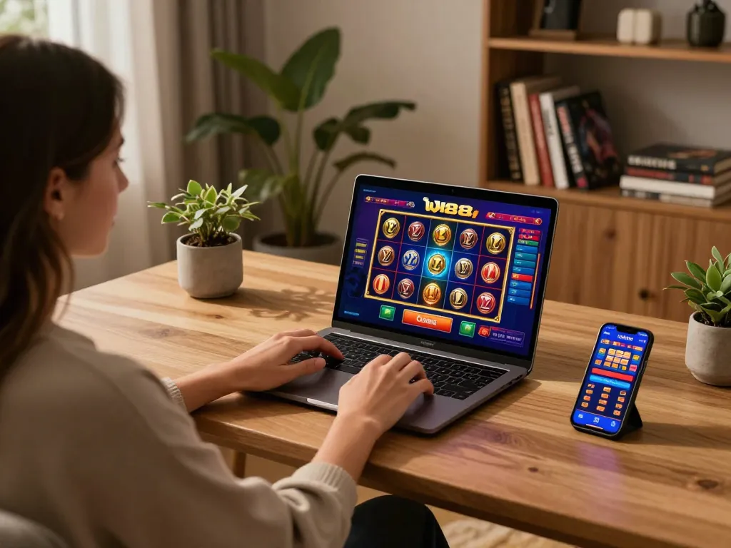 Player enjoying LV88 online casino games on a laptop, showcasing vibrant gameplay and cozy home atmosphere