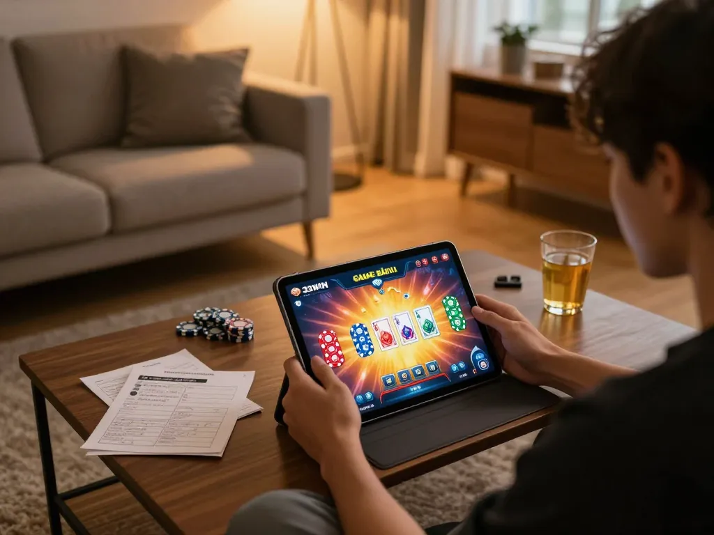 Engaging in GAME BÀI 33WIN on a tablet in a cozy home setting with strategy notes nearby.
