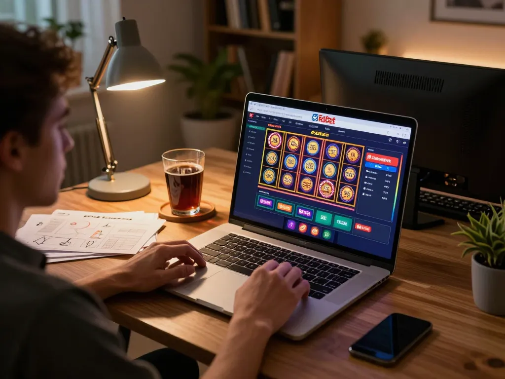 Fabet online gaming experience with a player engaging on laptop at cozy home setting.