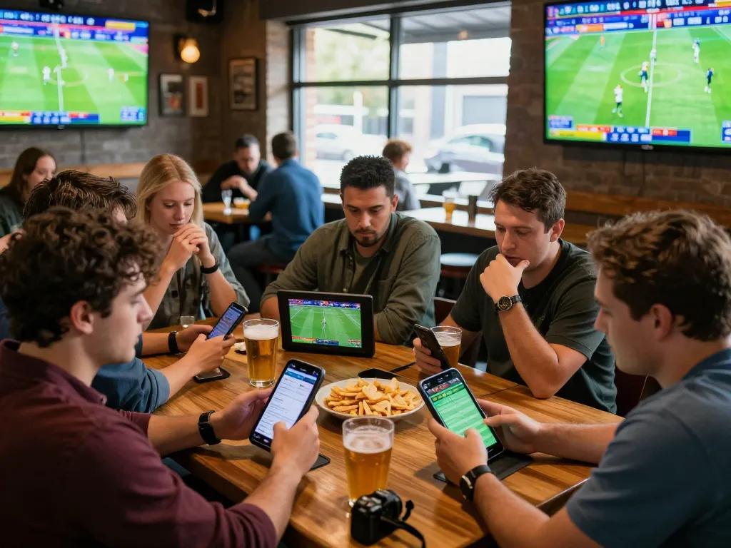 Friends engaging in sports betting at a lively bar, checking fly88 app for better odds