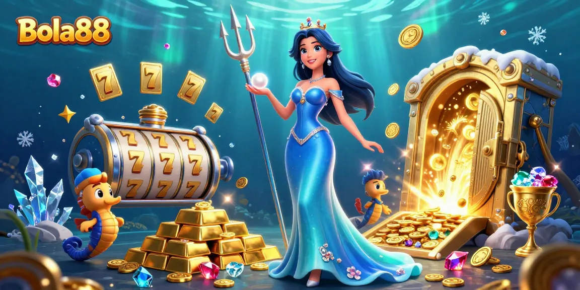 Bola88 offers a vibrant scene with a glowing pearl, seahorse king, and slot reels symbolizing winning opportunities.