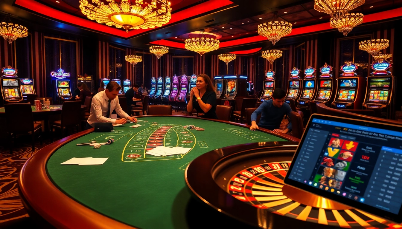 OK365 players enjoying an exciting online gambling experience at vibrant casino tables.