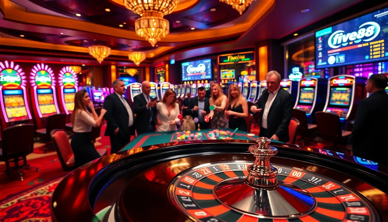 A lively casino scene showcasing poker chips and roulette at five88, highlighting exciting gaming action.