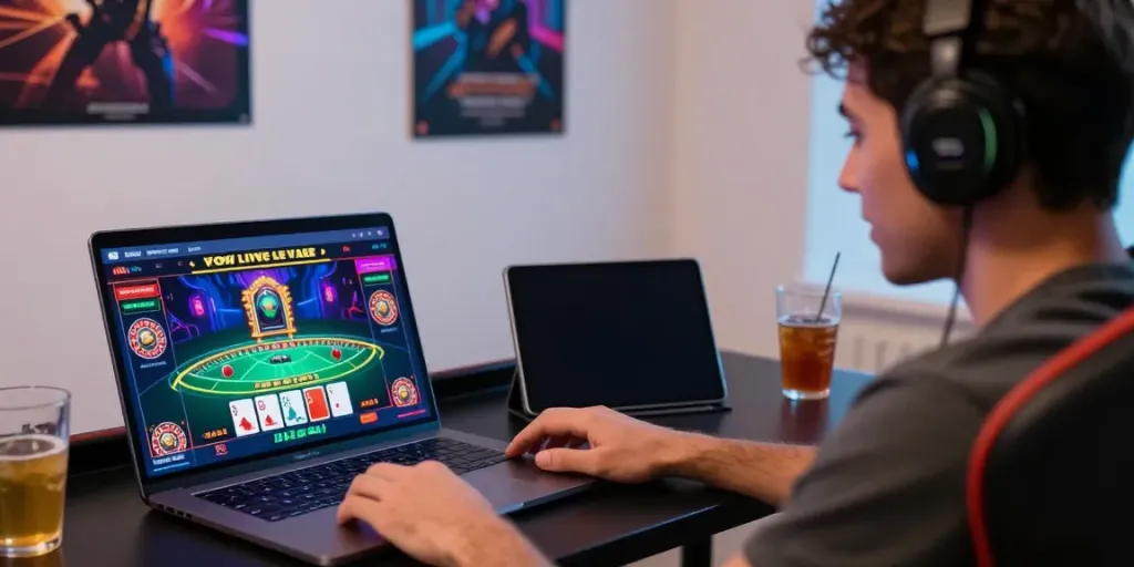 Engaging user playing live casino games on digital devices at https://nbet.page/ in a vibrant gaming environment.