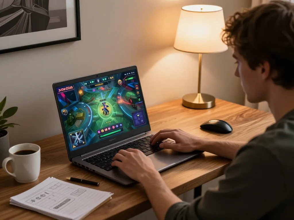 Player immersed in an exciting game of xocdia on laptop, showcasing online gameplay strategy.