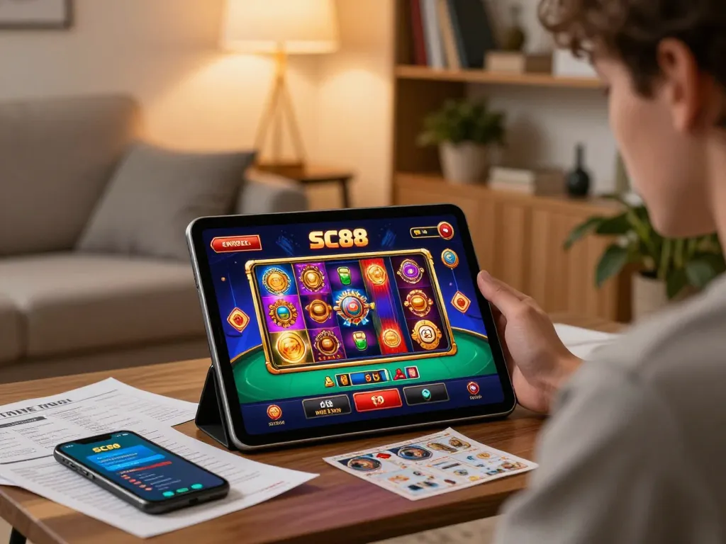 Player immersed in the SC88 online casino experience on tablet, showcasing vibrant games and strategy notes.