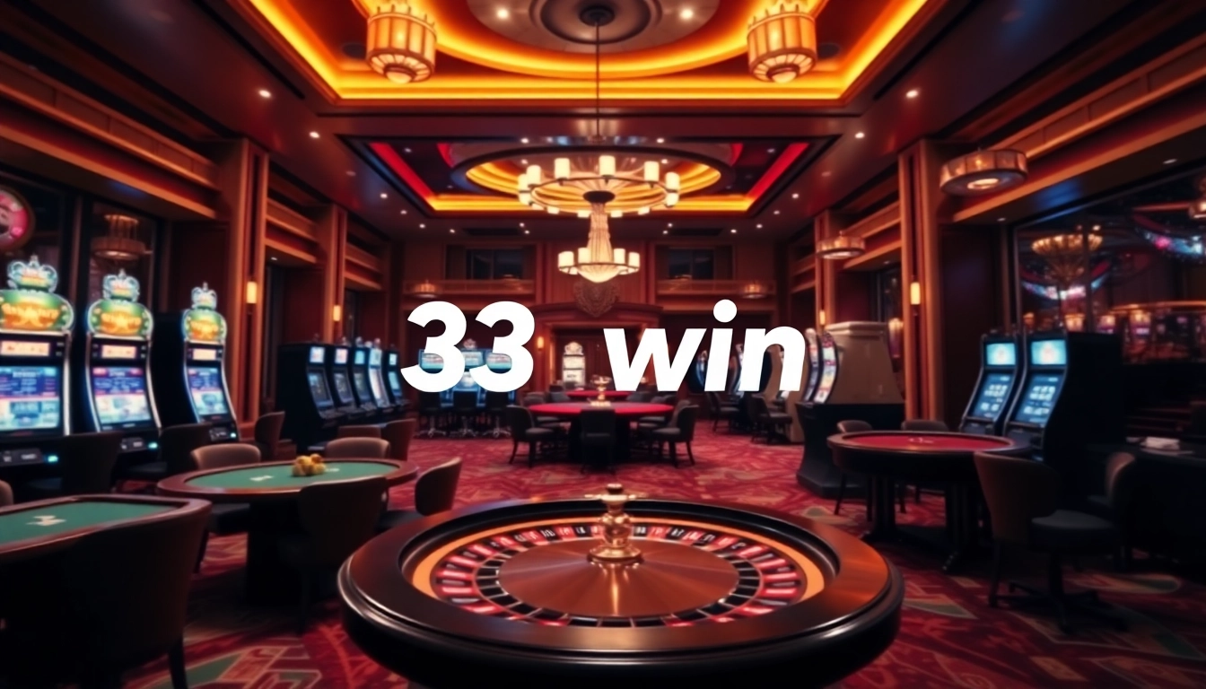 The vibrant gaming atmosphere at 33win with elegant tables and slot machines creating excitement.