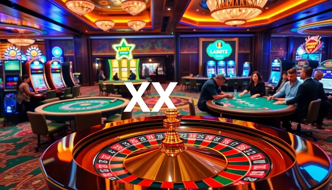 Exciting gaming atmosphere at XX88 casino with roulette and slot machines.