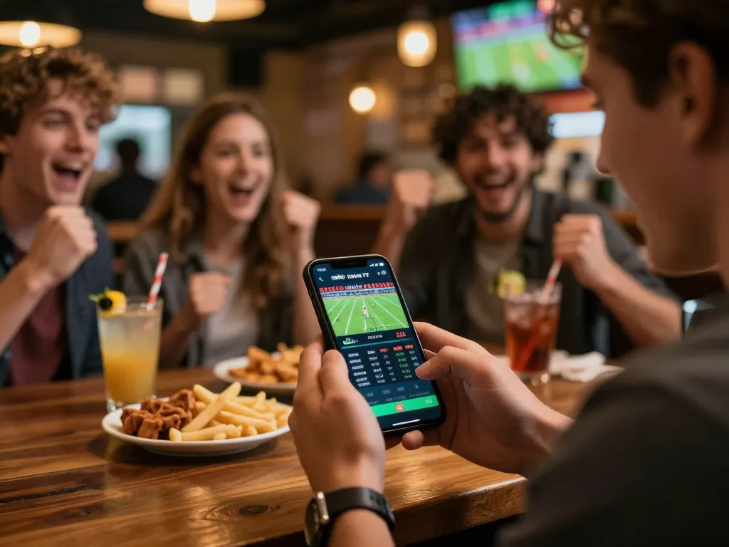 Betting on live matches using the cakhia tv app in a lively sports bar atmosphere