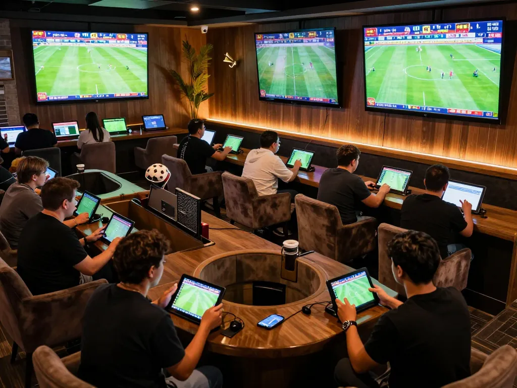Cakhia fans cheering in a stylish sports betting lounge, screens displaying live matches.