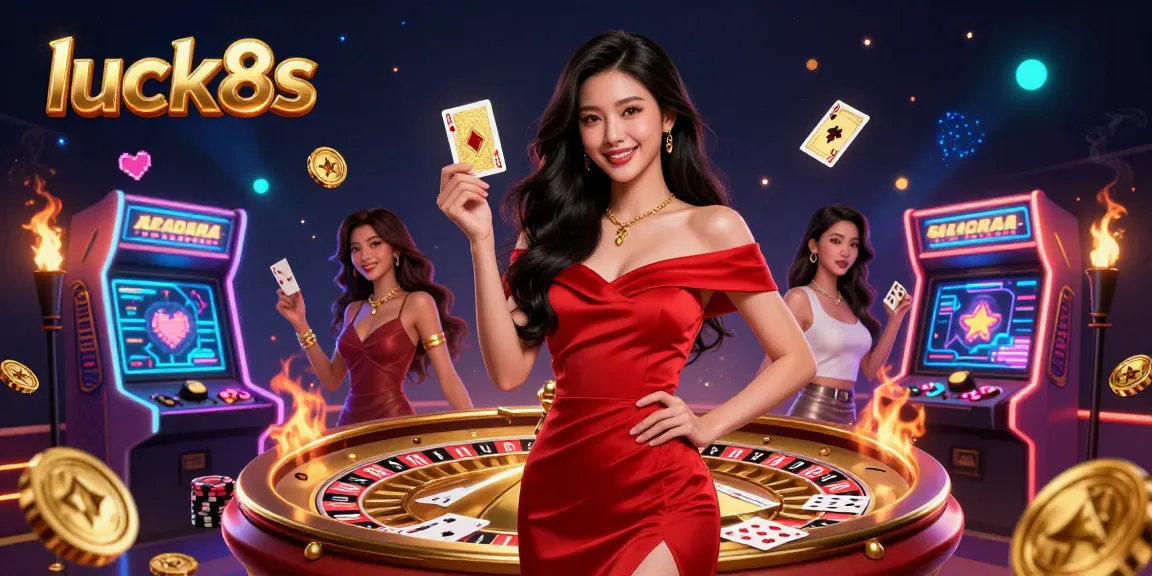 Experience excitement at luck8s with a beautiful Asian dealer holding a golden playing card among casino elements.
