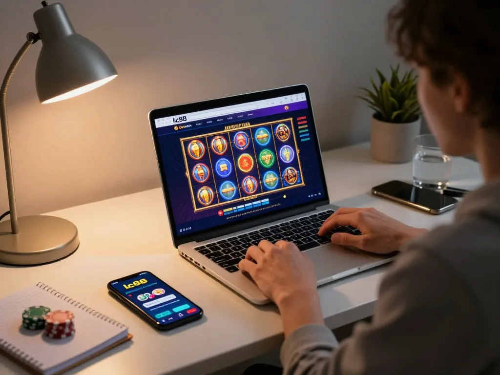 Engaging gameplay on lc88 casino app with vibrant slots displayed on a laptop screen.