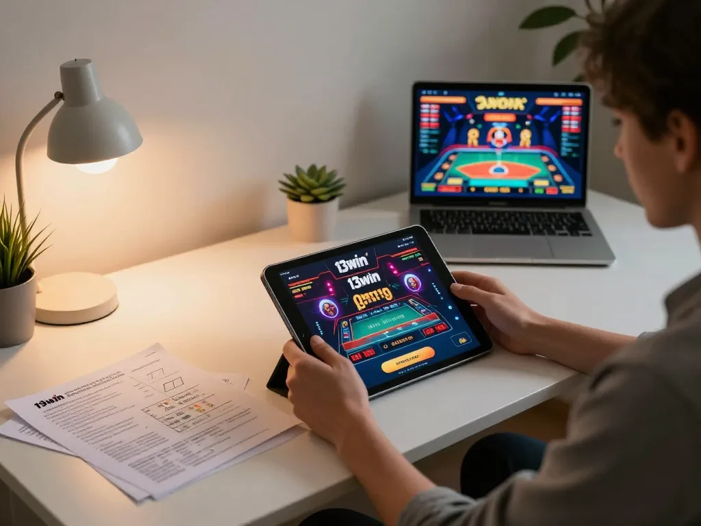 Player enjoying the 13win app on tablet, showing a vibrant online gaming setup with betting strategies