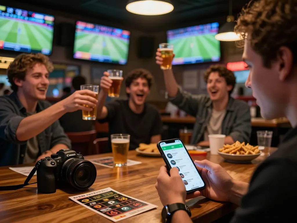 P3 user placing bets while watching live sports in a vibrant bar atmosphere.