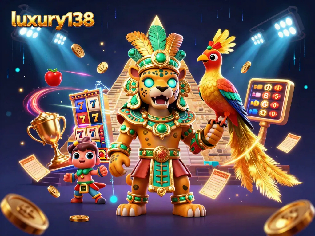 Win big at luxury138 with dynamic slot reels and stunning graphics in this vibrant illustration.