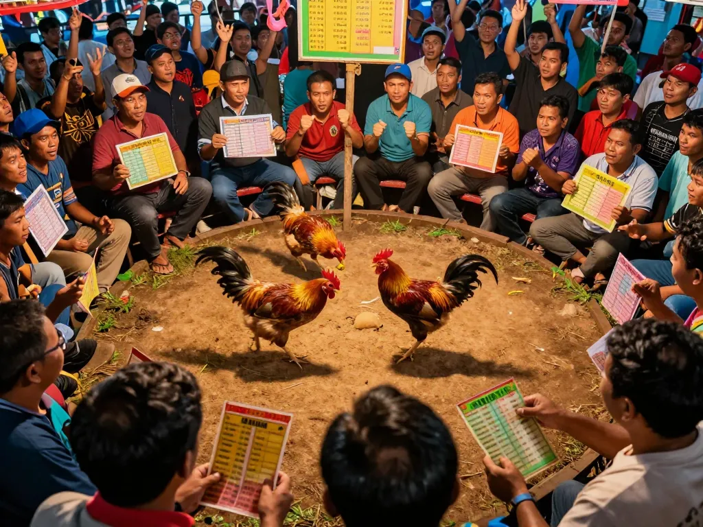 Exciting Đá Gà Thomo chicken fighting event with animated spectators and professional betting ambience.