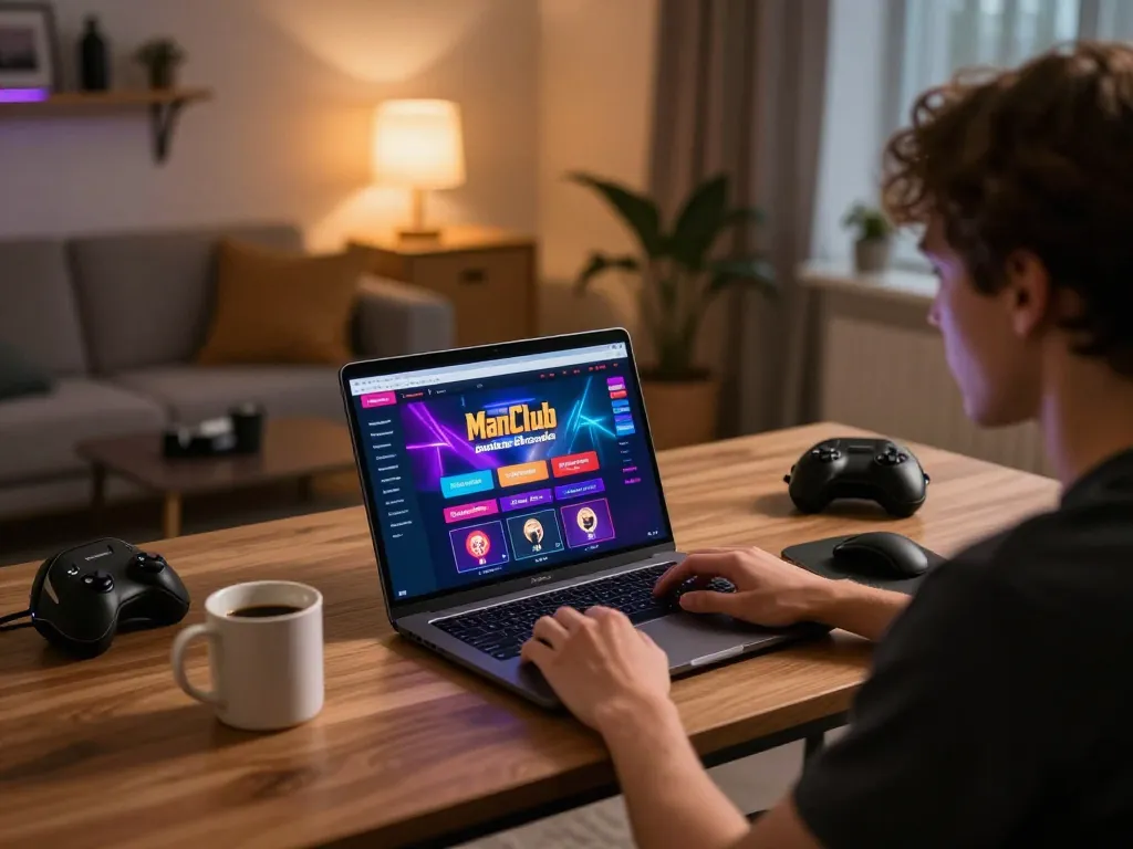 Player engaging with online casino on ManClub platform using a modern laptop in a cozy home office setting.