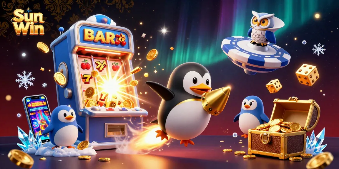 Sun Win captures excitement with a golden penguin soaring toward a jackpot-filled casino.