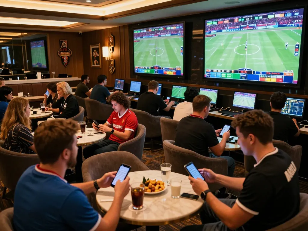 Engaged patrons betting on live sports at luxury lounge with sky88 mobile apps
