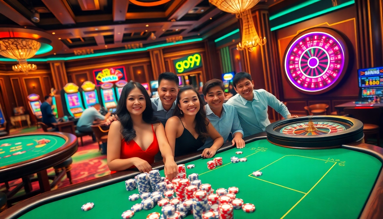 Go99 players celebrating a win at a luxury poker table in a vibrant casino atmosphere.