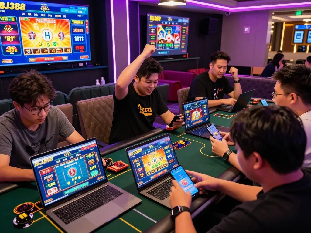 Exciting online gambling experience on https://bj388.my with players enjoying cockfighting and live casino games in a vibrant gaming lounge.