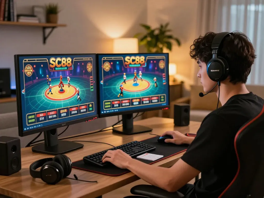 Gamer immersing in SC88 casino games on dual monitors, showcasing online gambling strategies.