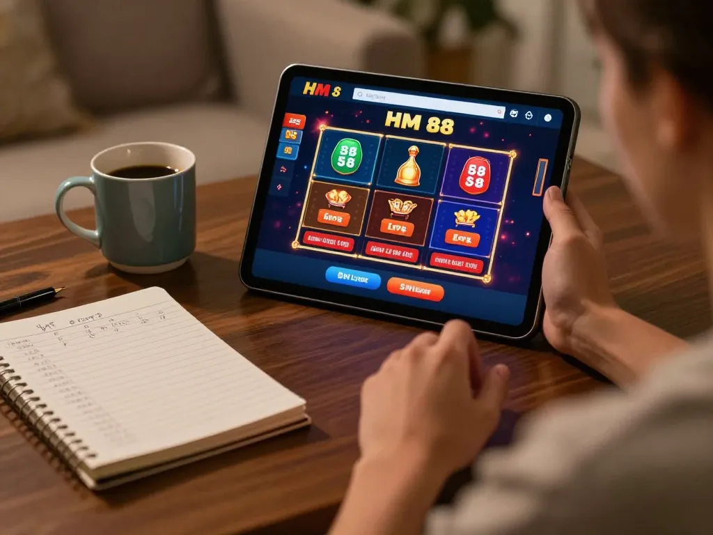Player enjoying HM 88 online casino on tablet while managing bankroll in a cozy home environment.