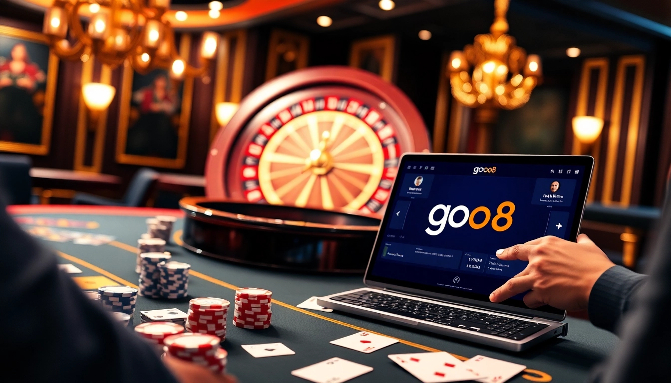 Experience the thrill of winning with go8 at a vibrant casino table featuring poker chips and a roulette wheel.