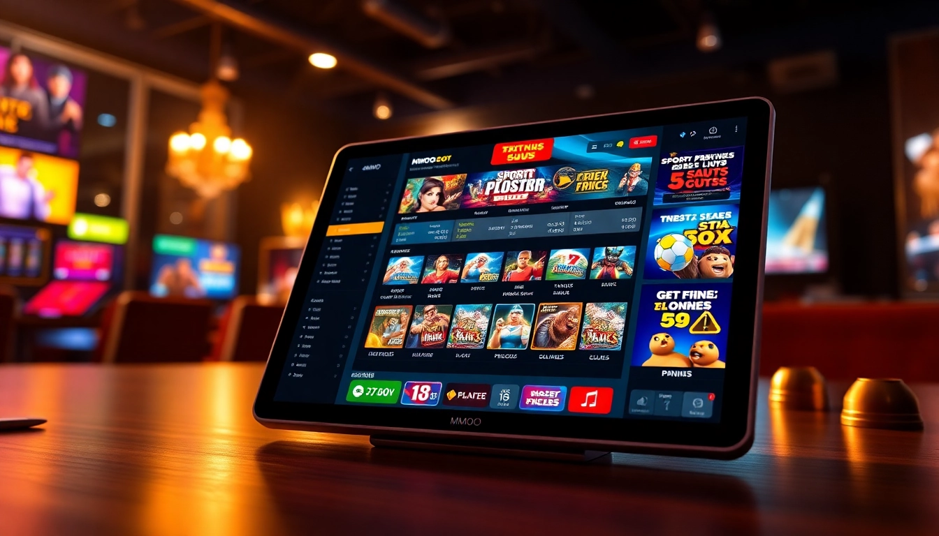 Exciting digital display of MMOO online gambling platform showcasing vibrant casino games and sports betting.