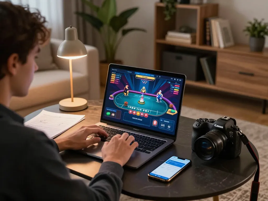 Player engaging in online poker at home using 789CLUB, showcasing mobile app betting strategies.