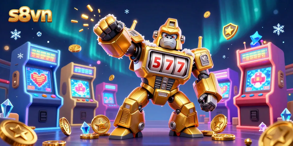 s8vn highlights a colorful 3D casino scene with a golden gorilla mech, arcade elements, and vibrant energy.