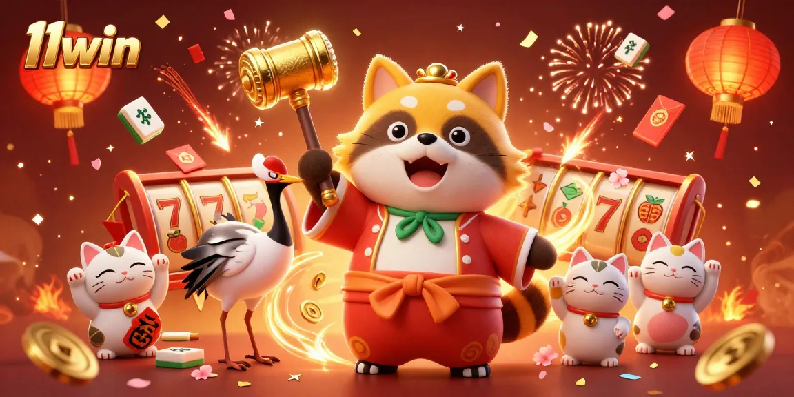 Engage with 11win's thrilling slots through a vibrant 3D illustrated scene.