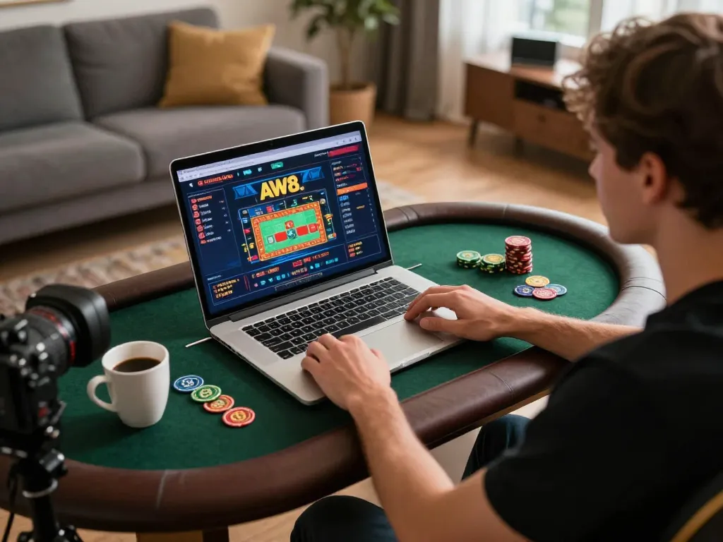 Engaging online gaming experience on AW8 platform showing active gameplay on laptop in home setting.