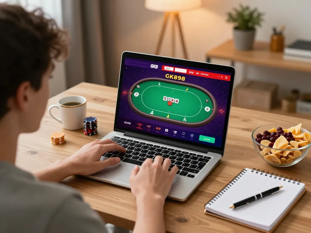 Player enjoying GK88 online gaming experience, engaging with poker interface on laptop in cozy setting.