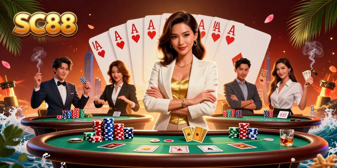 Engage in SC88 poker strategies with a glamorous Asian dealer at a dynamic casino.