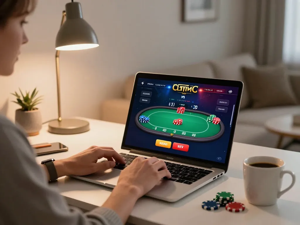 Engaged player navigating red888 online poker game from a stylish home office setup.