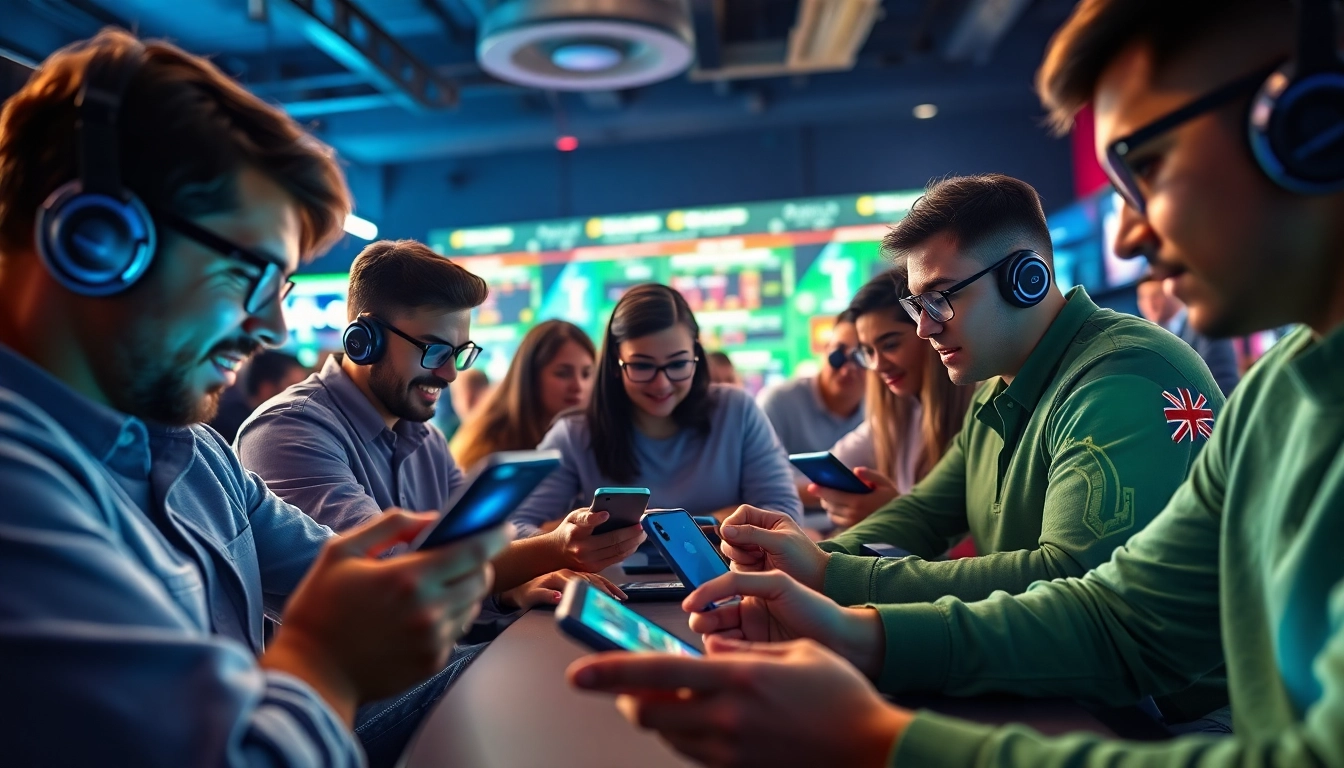 Engaging online betting scene featuring players at https://nhacaiuytin.tokyo/ with modern devices and vibrant atmosphere.