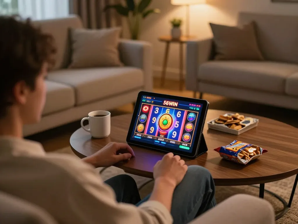 Enjoying a thrilling gaming session on 56WIN platform from the comfort of home, focused on tablet display.