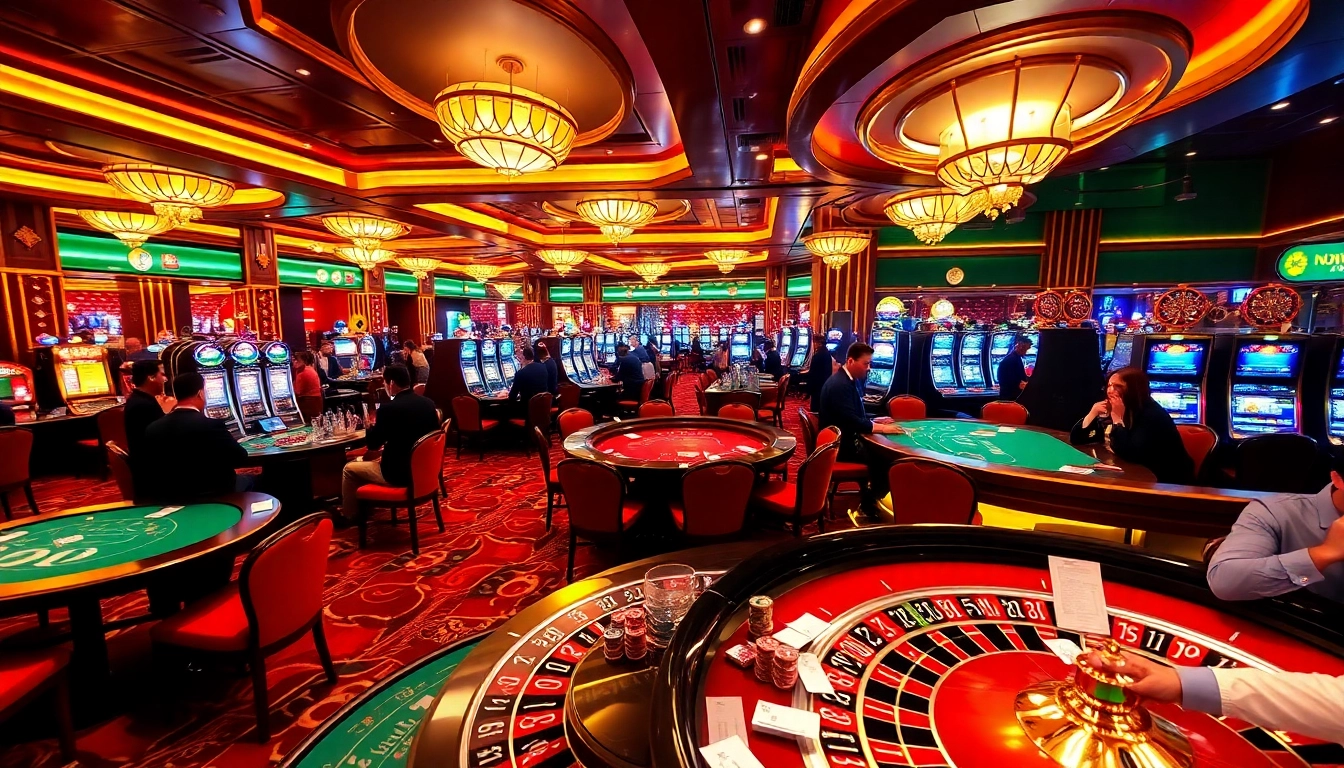 Nohu90 casino scene with excited players at poker tables and roulette wheels, exuding luxury.